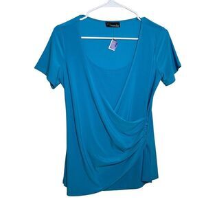 JM Fleurette Blouse Women's Medium Blue Layered Career Shirt Top Ruched